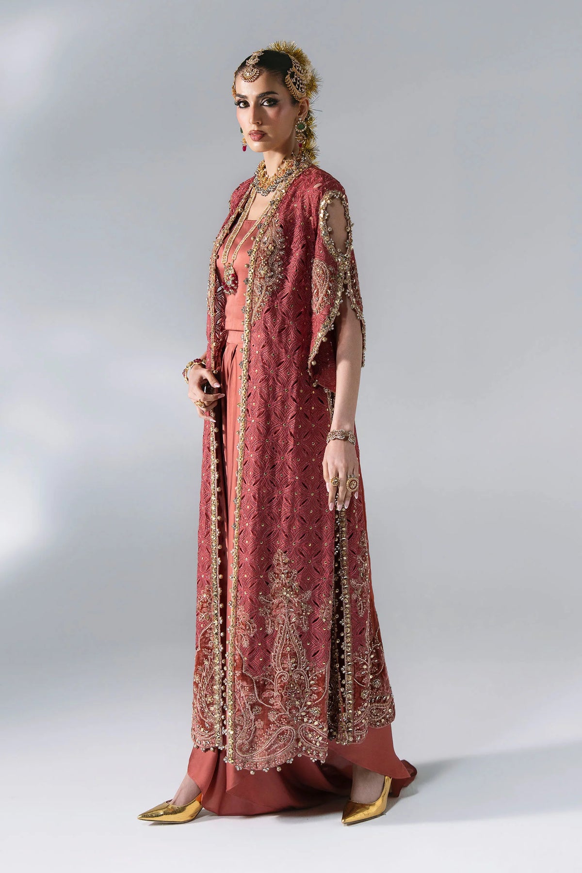 MARIA B EMBROIDERED CHIFFON BD-3108 Deep Salmon pink