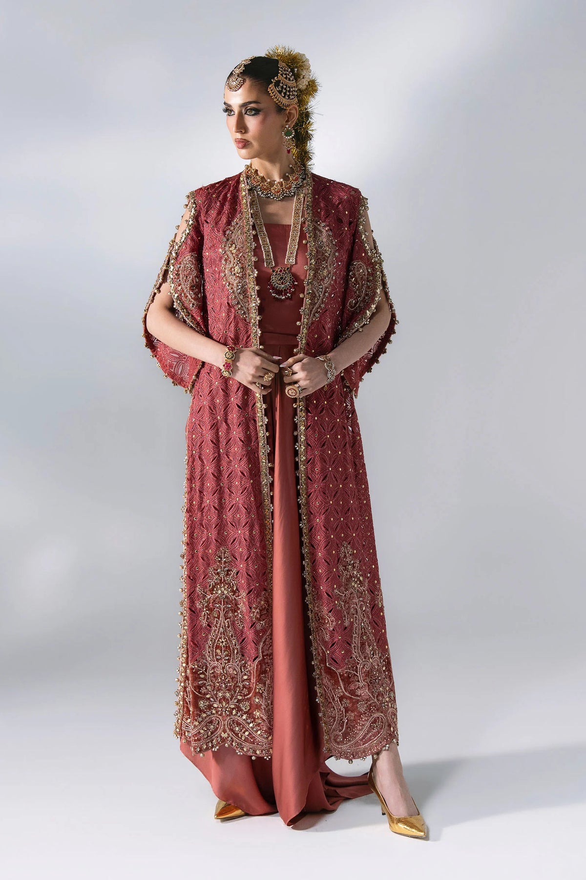 MARIA B EMBROIDERED CHIFFON BD-3108 Deep Salmon pink